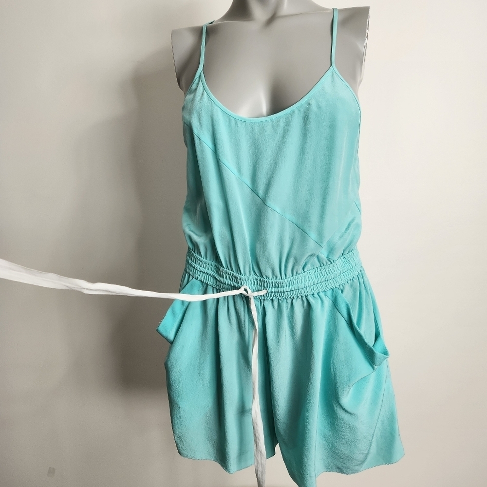 Aritzia X Wilfred "Peri" Teal Blue Silk Spaghetti Strap Shorts Romper Size S/M - Picture 4 of 16